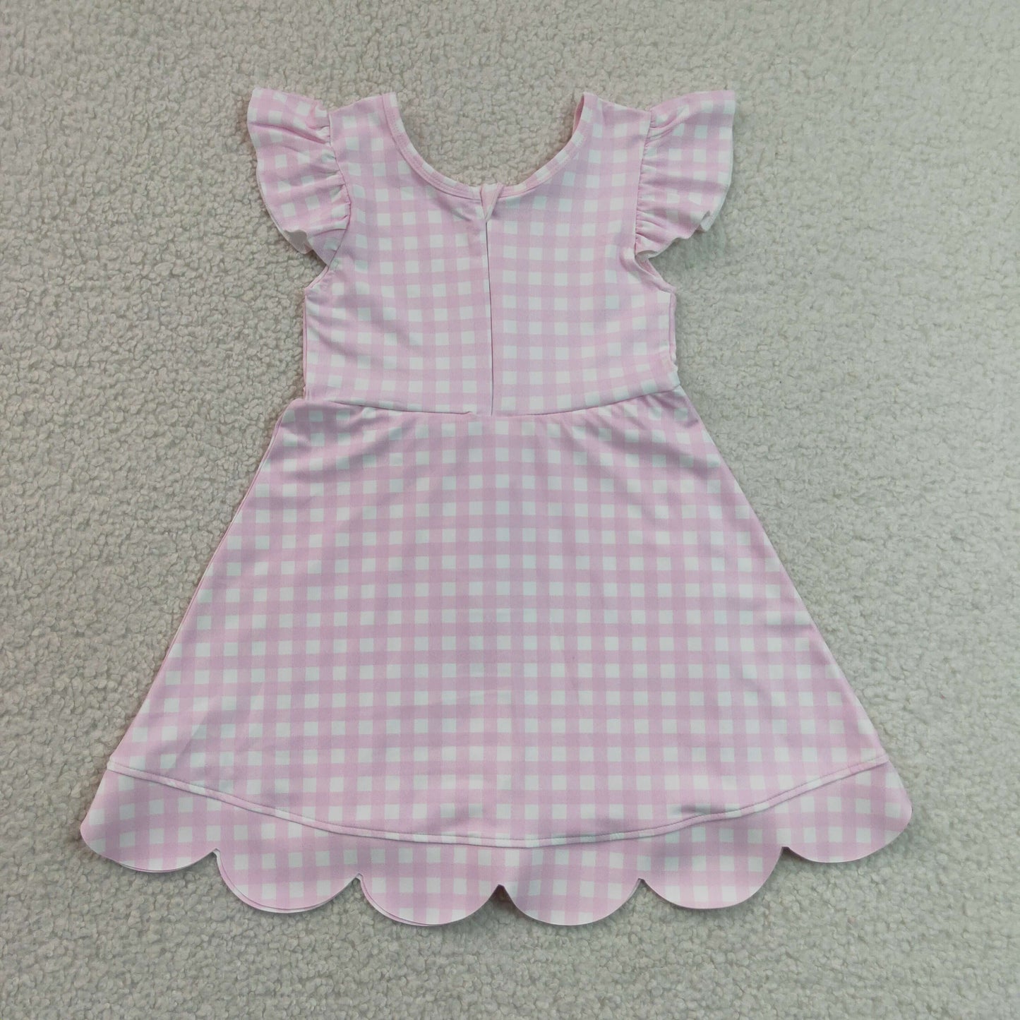7.6 GSD3796 RTS NO MOQ （In stock）Baby Girls Summer Pink Check Scallop Knee Length Dresses