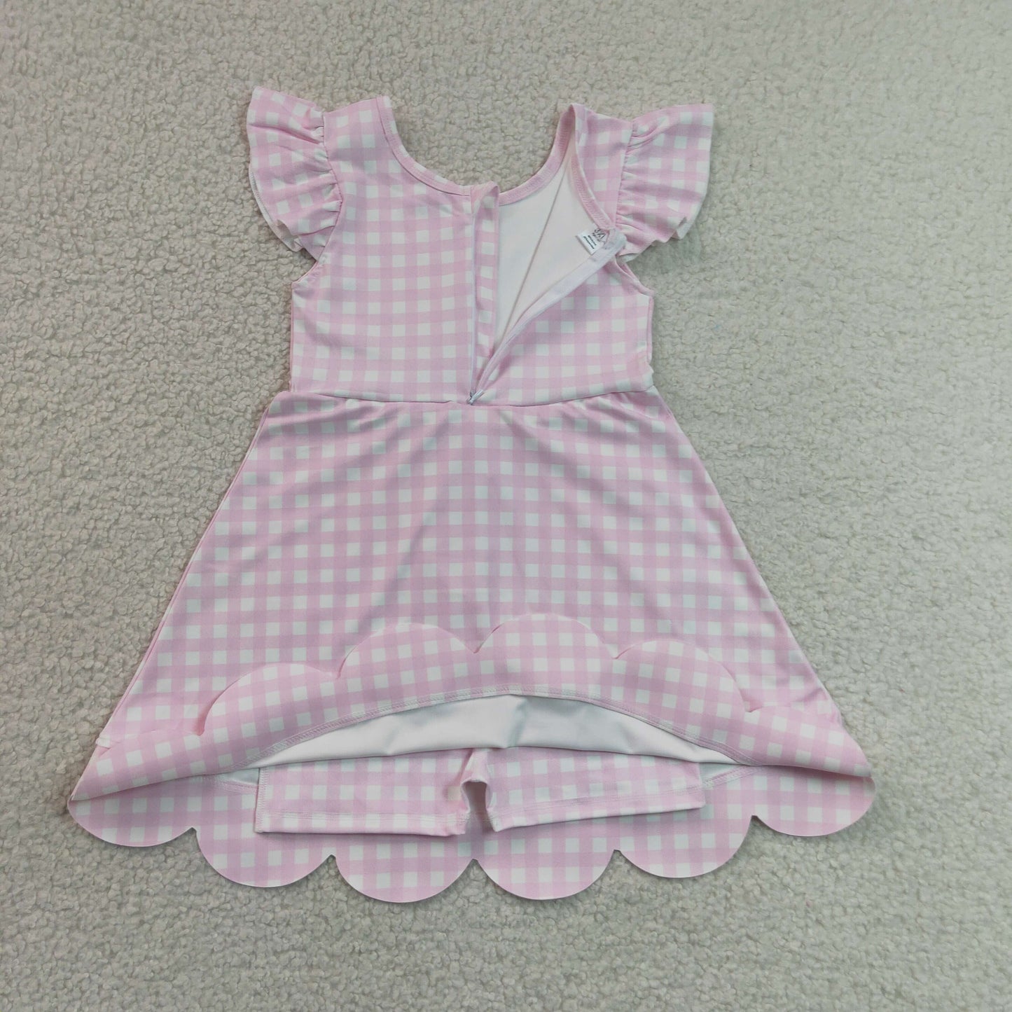 7.6 GSD3796 RTS NO MOQ （In stock）Baby Girls Summer Pink Check Scallop Knee Length Dresses