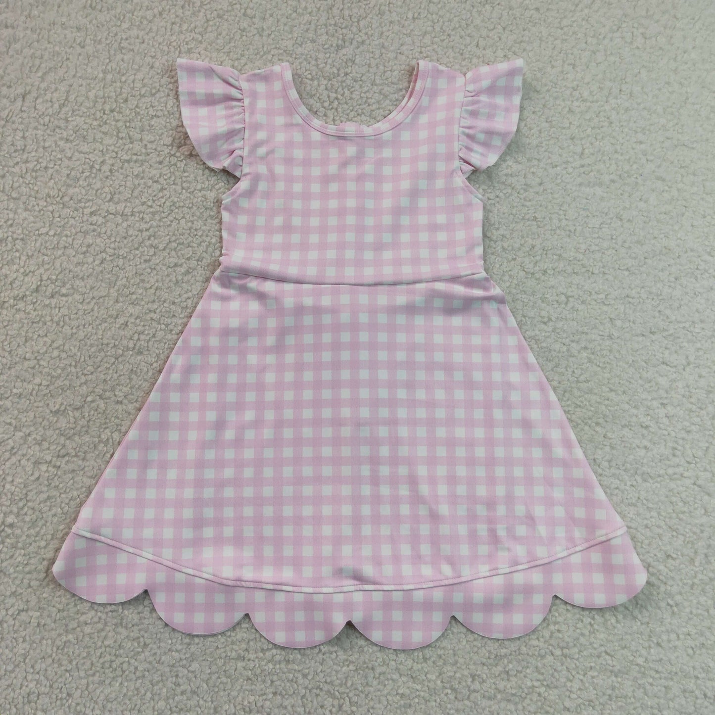 7.6 GSD3796 RTS NO MOQ （In stock）Baby Girls Summer Pink Check Scallop Knee Length Dresses