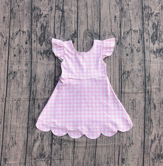 4.9 GSD3796 Sample No Moq Baby Girls Pink Checked Yoga Active Scallop Knee Length Dresses