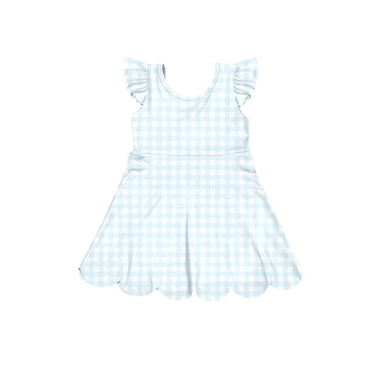 2.4 GSD3797 Pre order No Moq Yoga fabric Baby Girls Blue Checked Yoga Active Scallop Knee Length Dresses