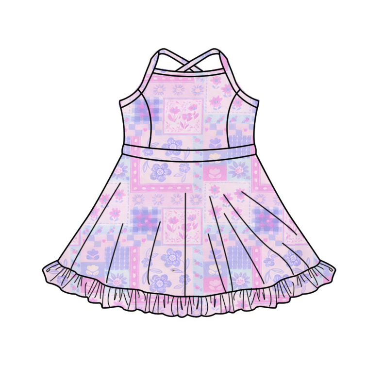 2.5 GSD3799 Pre order No Moq Yoga fabric Baby Girls Purple Flowers Yoga Active Knee Length Dresses