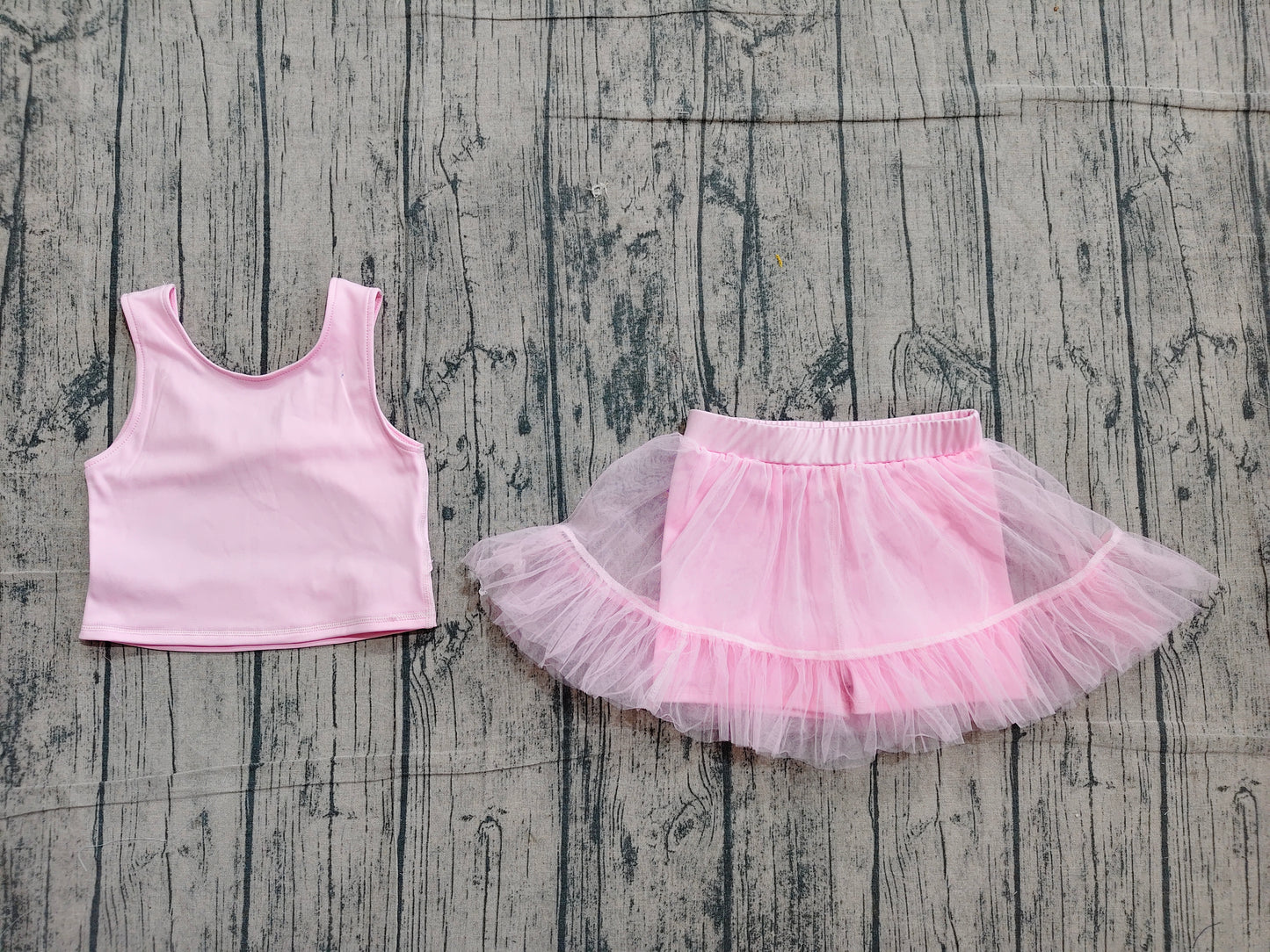 4.19 GSD3806 Sample No Moq Baby Girls Pink Sleeveless Back Bow Vests Tassel Skirt Short Yoga Active Clothes Set