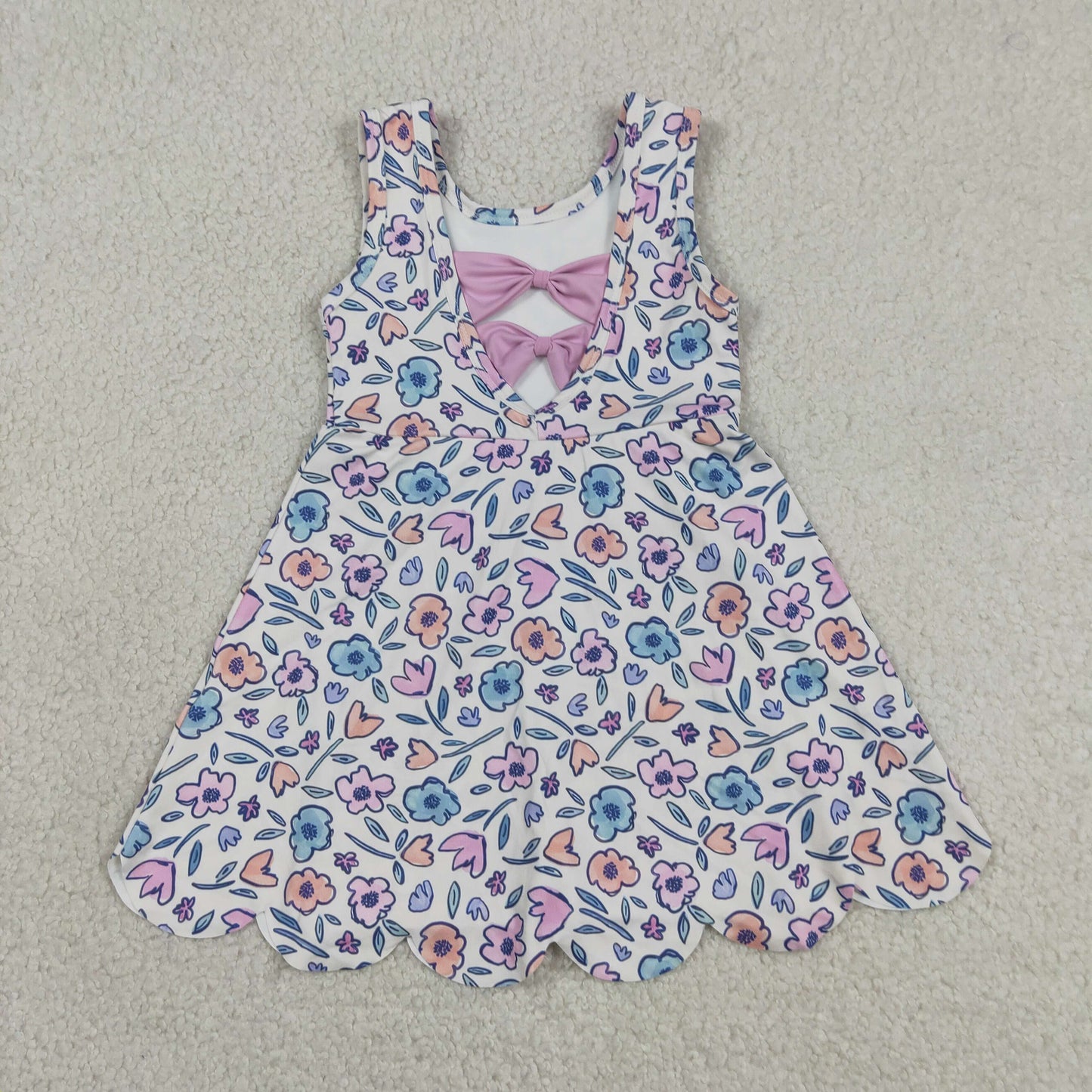 GSD3808 RTS NO MOQ （In stock ）Sleeveless floral scallop kids girls summer athletic dress