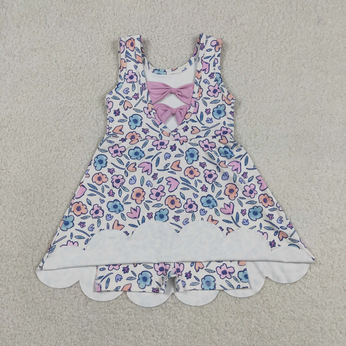 GSD3808 RTS NO MOQ （In stock ）Sleeveless floral scallop kids girls summer athletic dress