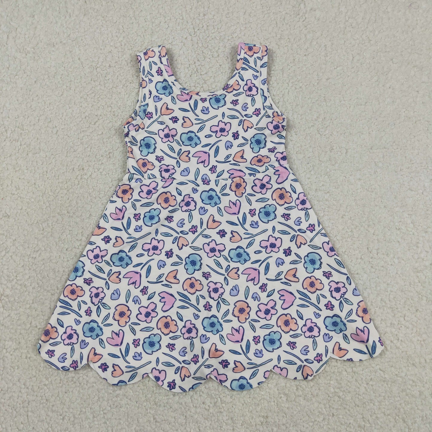 GSD3808 RTS NO MOQ （In stock ）Sleeveless floral scallop kids girls summer athletic dress