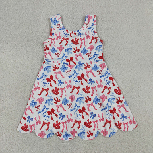 GSD3809 RTS NO MOQ （In stock）Red blue bow scallop kids girls 4th of july athletic dress