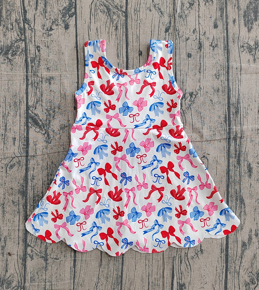 3.9 GSD3809 Sample No Moq Yoga fabric Baby Girls 4th of July Bows Top Yoga Active Scallop Short Knee Length Dress
