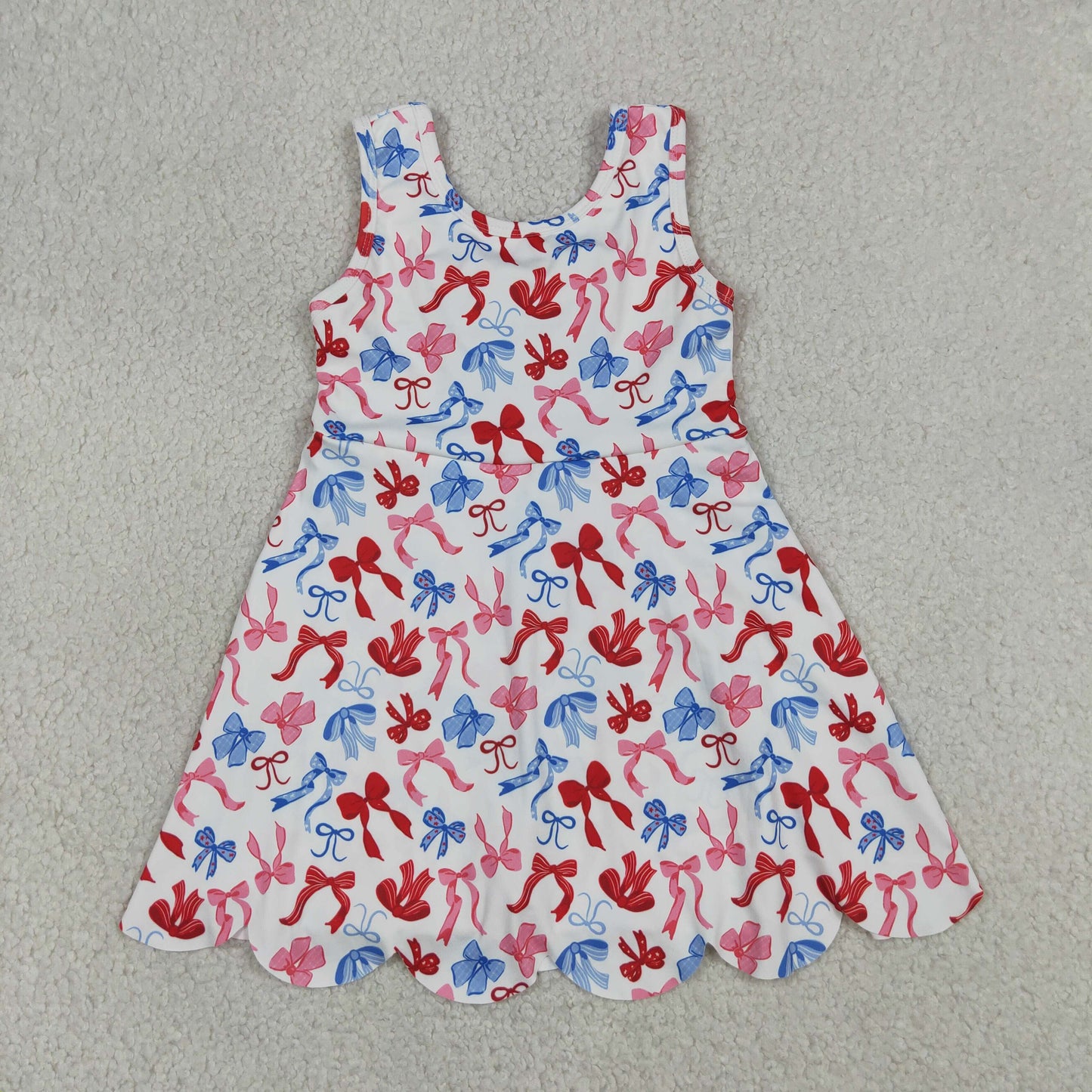 GSD3809 RTS NO MOQ （In stock）Red blue bow scallop kids girls 4th of july athletic dress（副本）