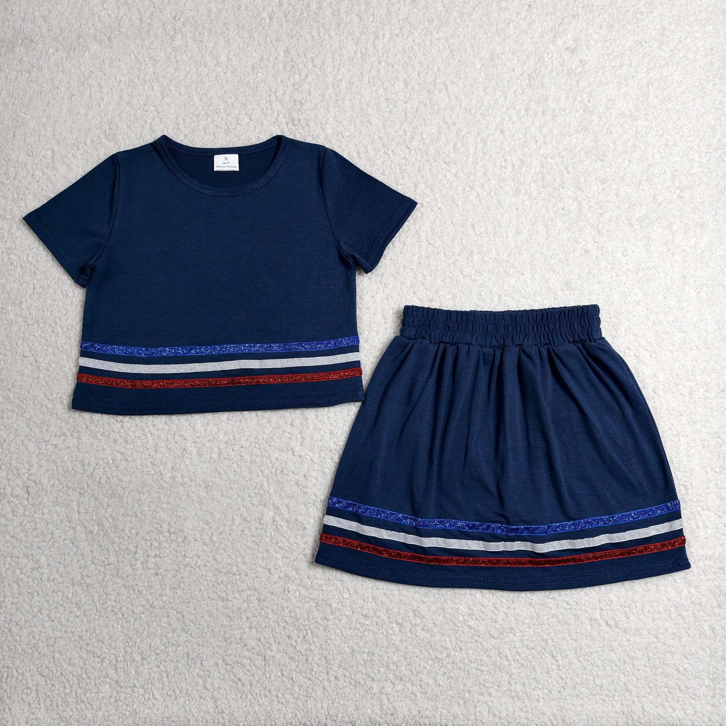 GSD3811 RTS NO MOQ （In stock）Baby Girls Navy Short Sleeve Stripe Top Skirt Shorts Clothes Sets