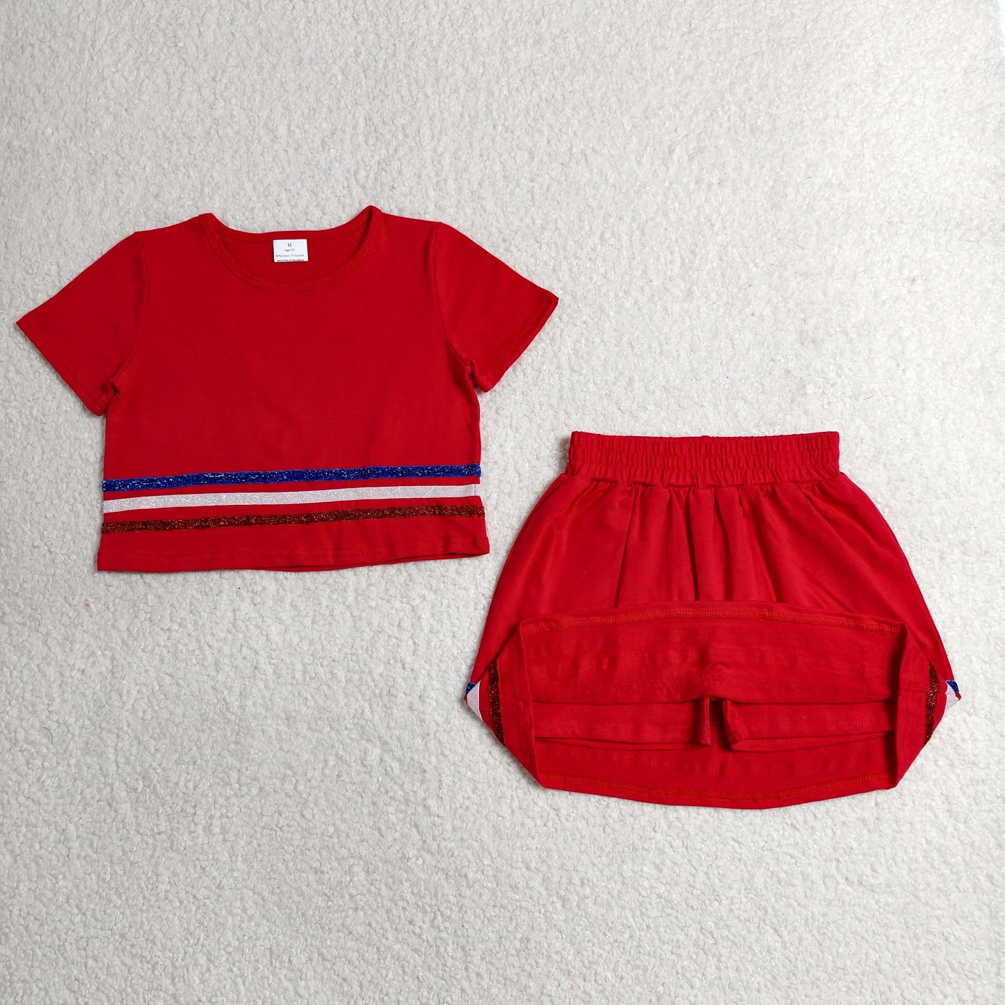 GSD3812 RTS NO MOQ （In stock）Red short sleeves stripe cotton top skirt kids girls outfits