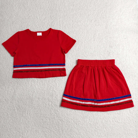 GSD3812 RTS NO MOQ （In stock）Red short sleeves stripe cotton top skirt kids girls outfits