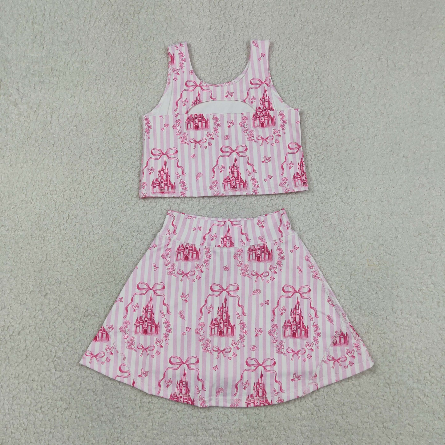 GSD3814 RTS NO MOQ （In stock ）Pink stripe castle crop top bow skirt girls summer active set