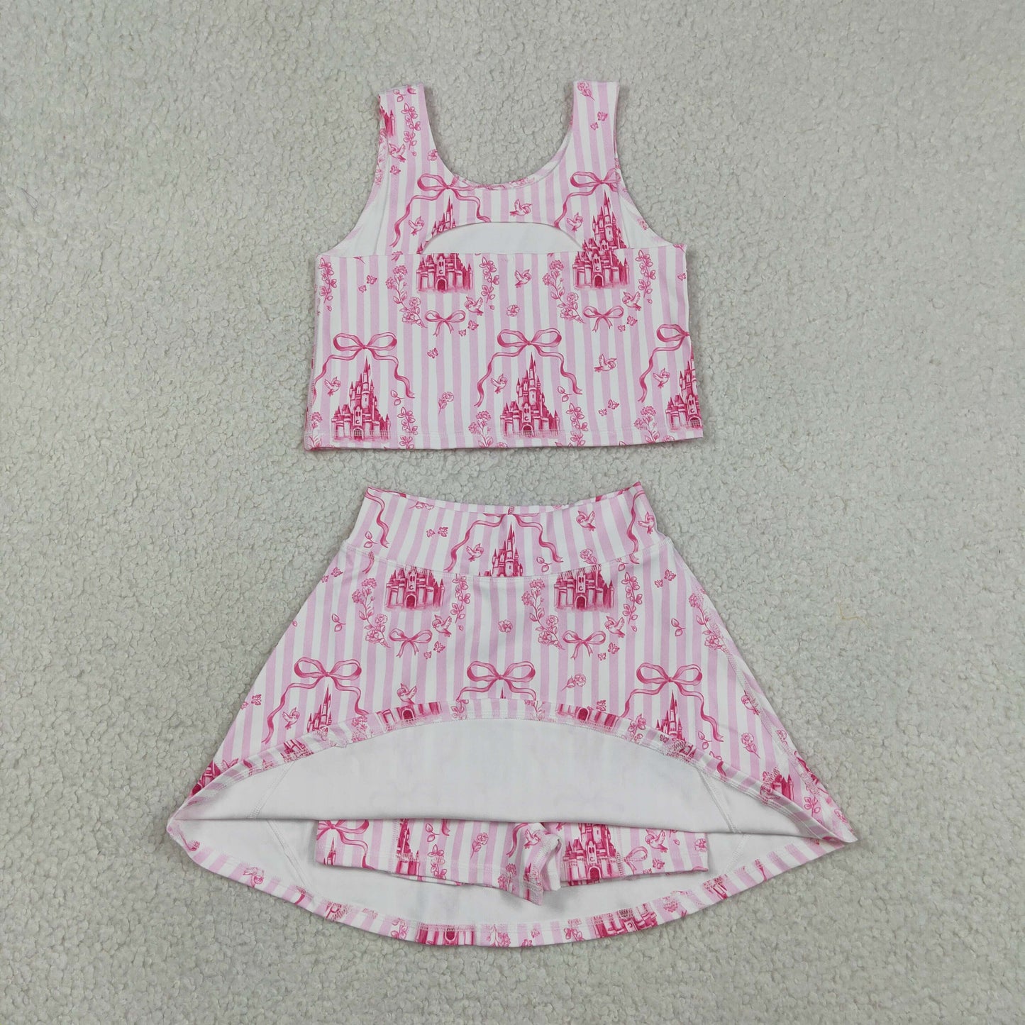 GSD3814 RTS NO MOQ （In stock ）Pink stripe castle crop top bow skirt girls summer active set