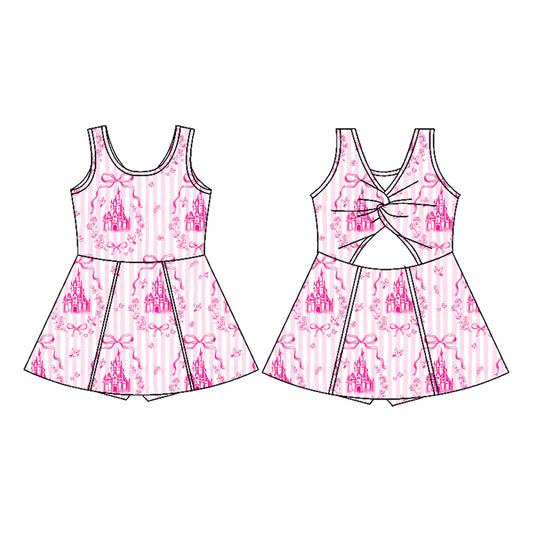 2.27 GSD3815 Pre order No Moq Yoga fabric Baby Girls Pink Stripe Bows Castles Yoga Active Short Knee Length Dress