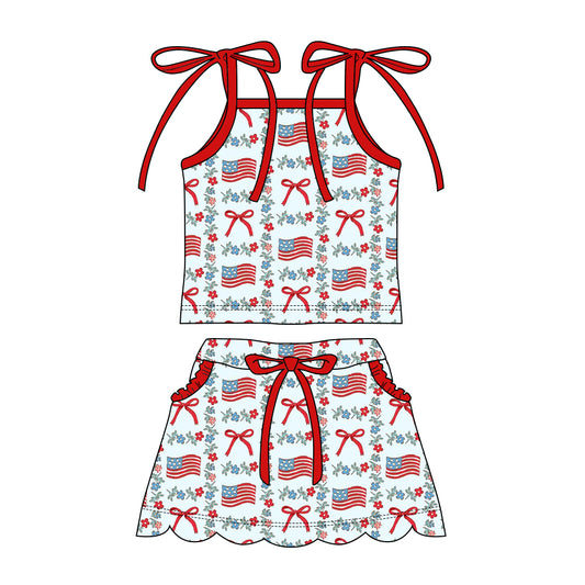 2.27 GSD3826 Pre order No Moq Cute Casual Clothing For Girls Baby Girls Strap Flower Flags Top Pockets Skirt Shorts 4th of July Clothes Sets