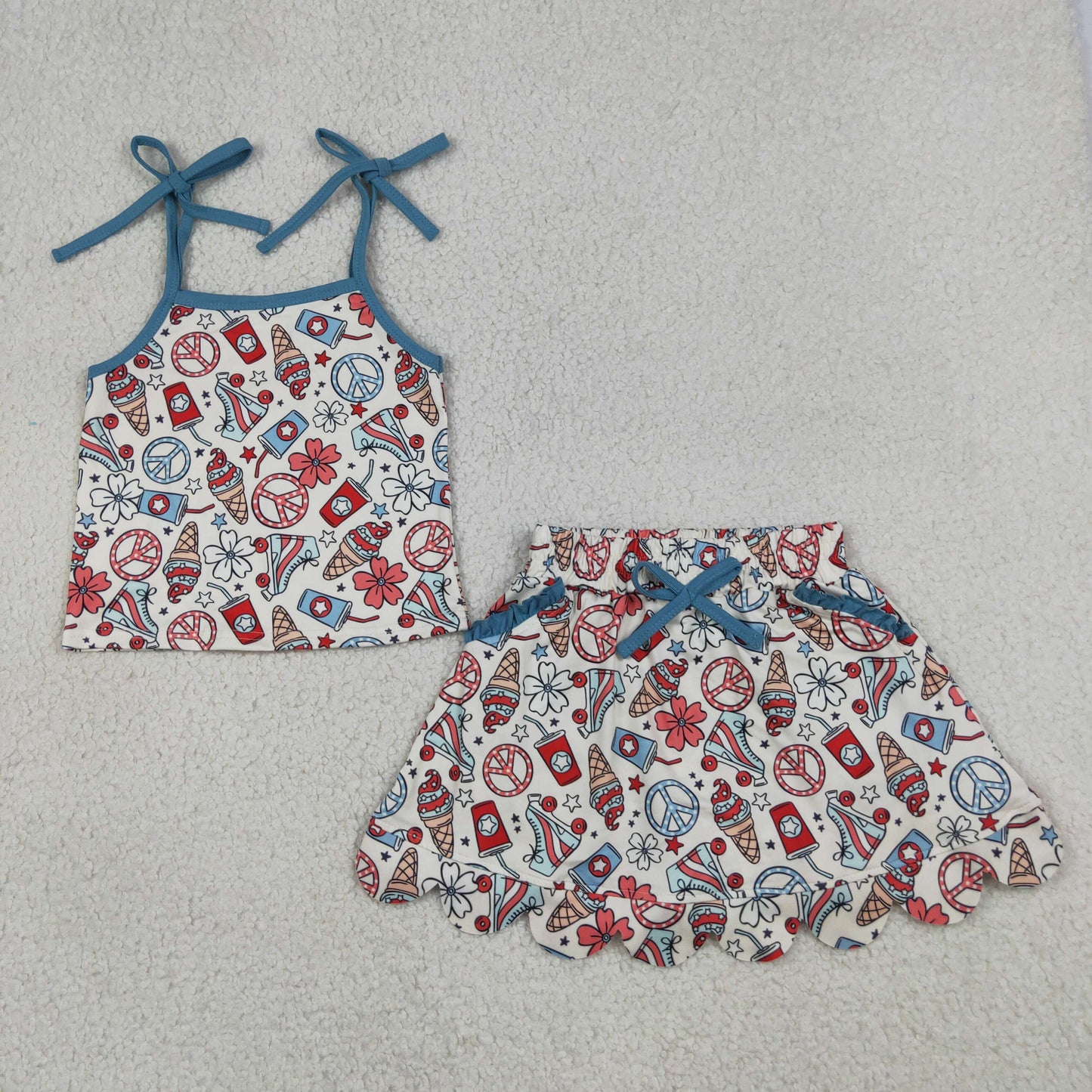GSD3827 RTS NO MOQ （In stock）Straps floral ice cream top skirt girls 4th of july outfits
