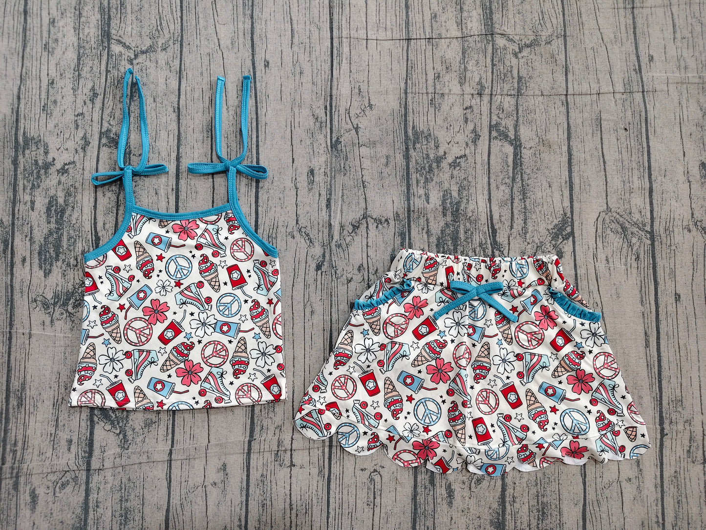 4.10 GSD3827 Sample No Moq Baby Girls Strap Coffee Ice Cream Top Pockets Skirt Shorts 4th of July Clothes Sets