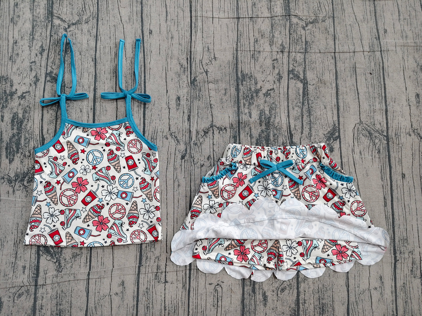 4.10 GSD3827 Sample No Moq Baby Girls Strap Coffee Ice Cream Top Pockets Skirt Shorts 4th of July Clothes Sets