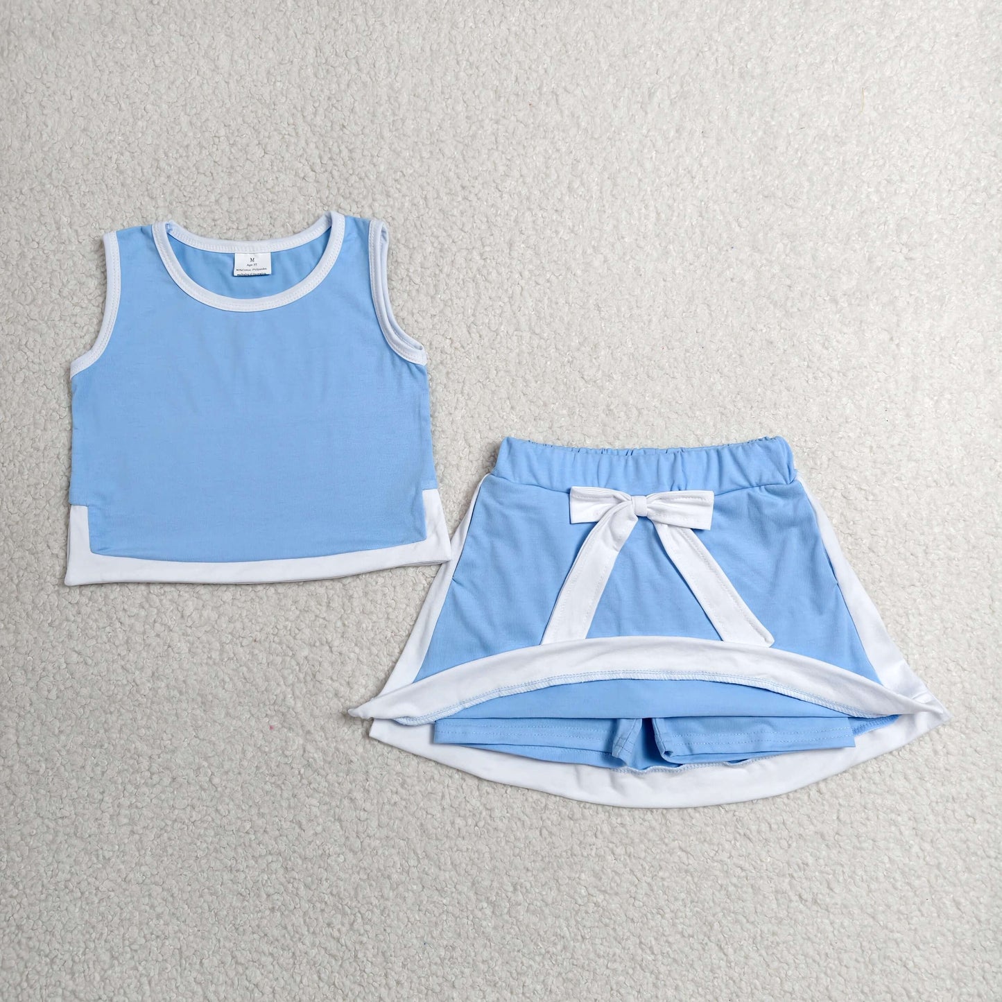 GSD3828 RTS NO MOQ （In stock） Baby Girls Blue Sleeveless Vest Top Elastic Waist Skirt Shorts Sets