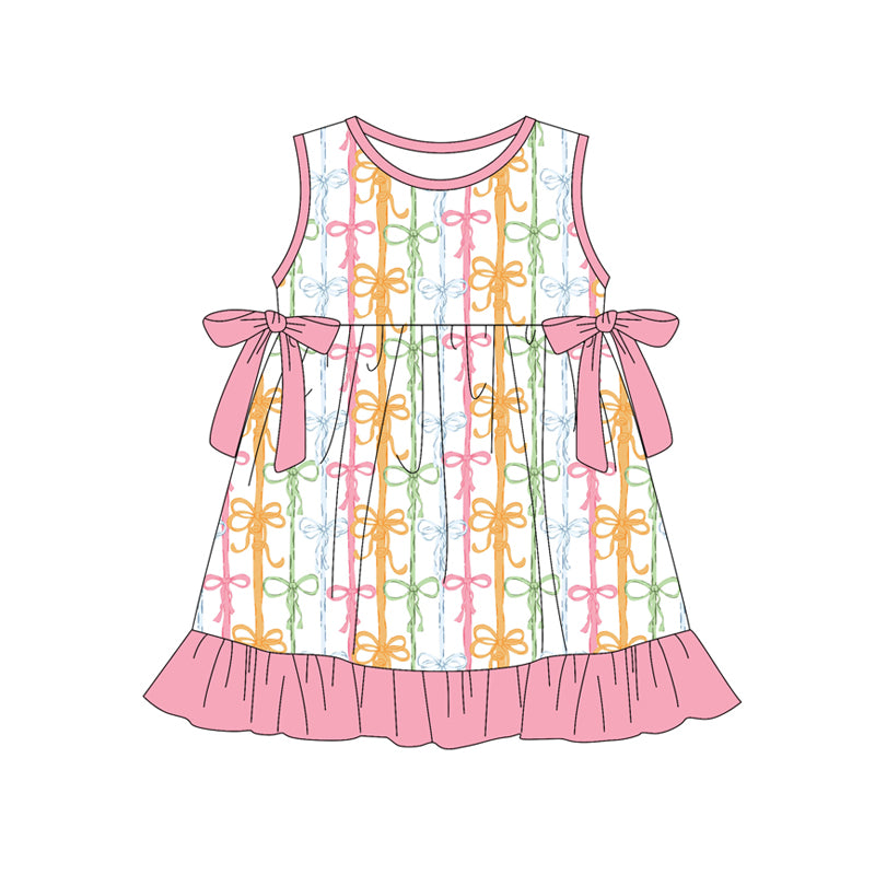 2.28 GSD3832 Pre order No Moq Baby Girls Summer Colorful Bows Stripe Ruffle Knee Length Dresses