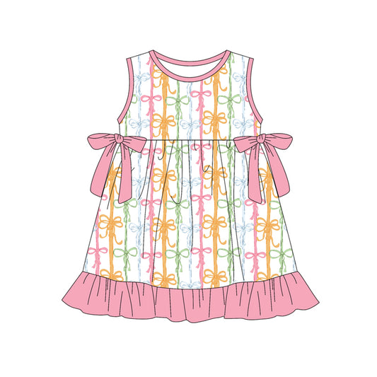 2.28 GSD3832 Pre order No Moq Baby Girls Summer Colorful Bows Stripe Ruffle Knee Length Dresses