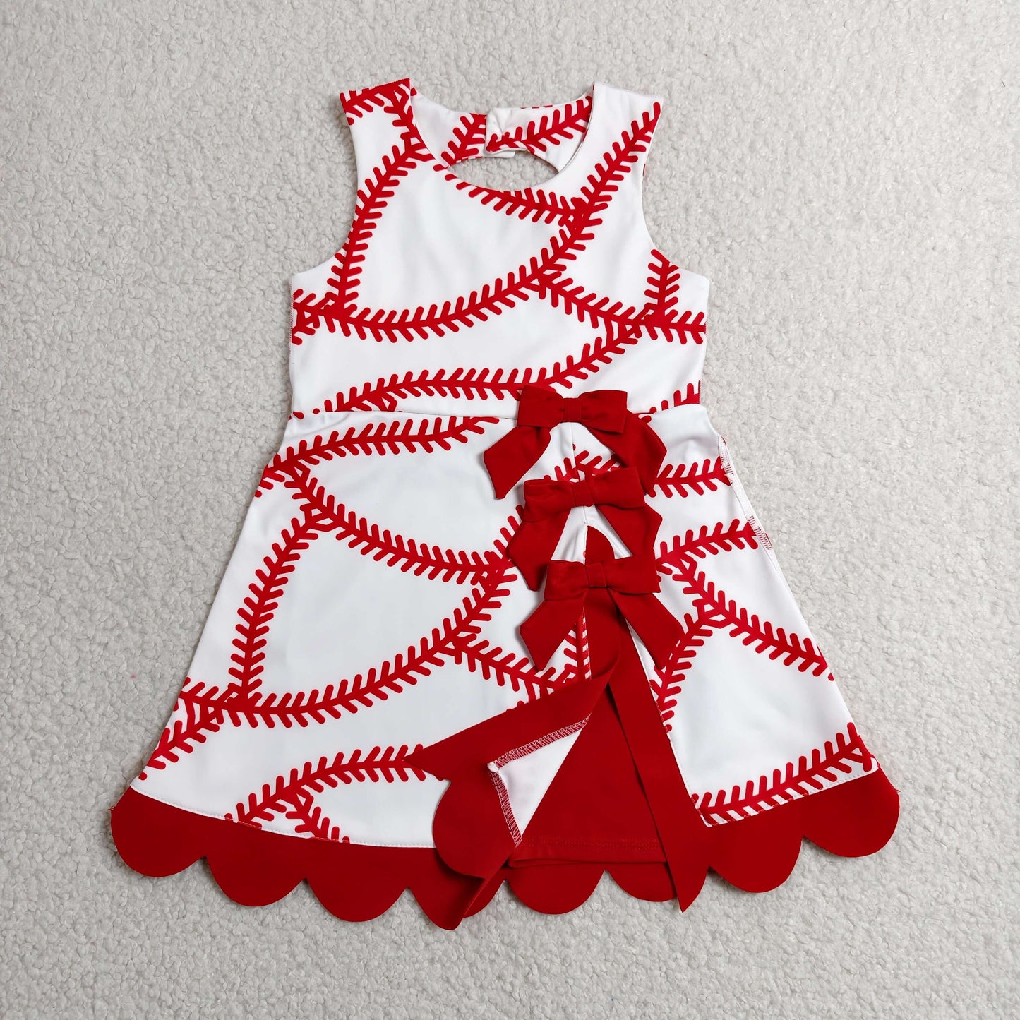 GSD3833 RTS NO MOQ （In stock）Baby Girls Baseball Bows Team Yoga Active Scallop Short Knee Length Dress
