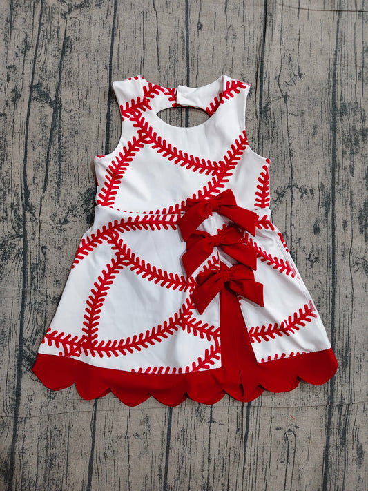 4.18 GSD3833 Sample No Moq Baby Girls Baseball Bows Team Yoga Active Scallop Short Knee Length Dress