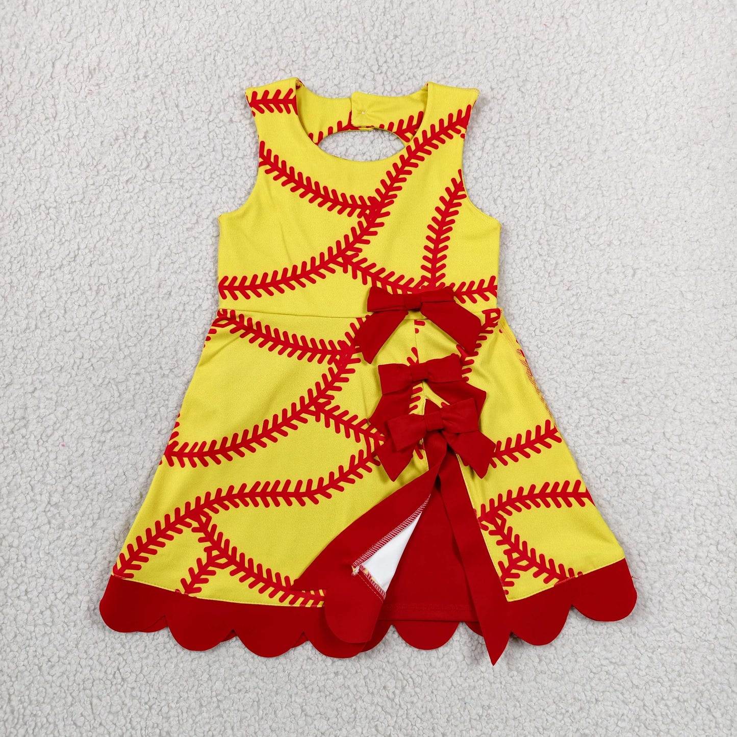 GSD3834 RTS NO MOQ （In stock）Sleeveless softball bow scallop girls athletic dresses