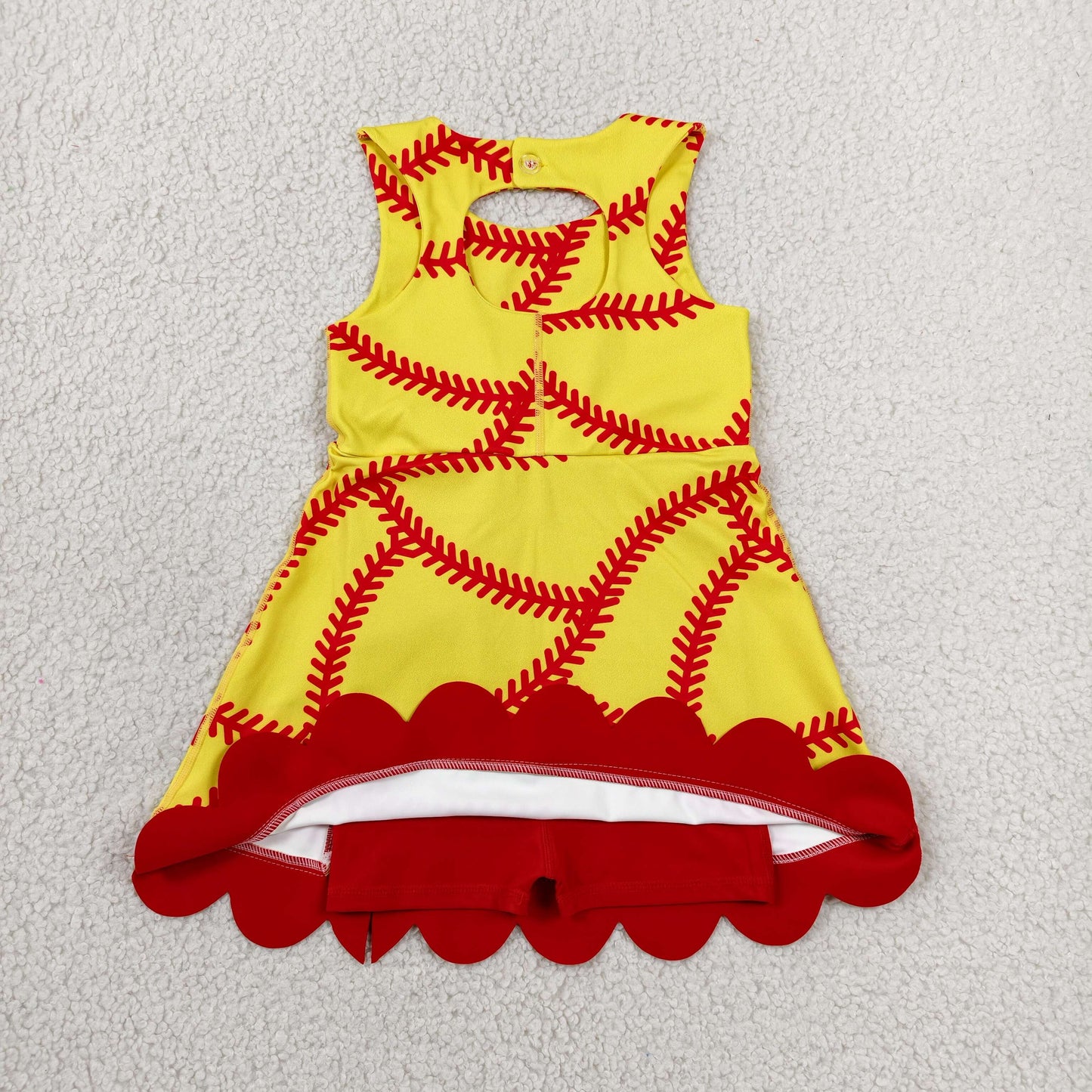 GSD3834 RTS NO MOQ （In stock）Sleeveless softball bow scallop girls athletic dresses