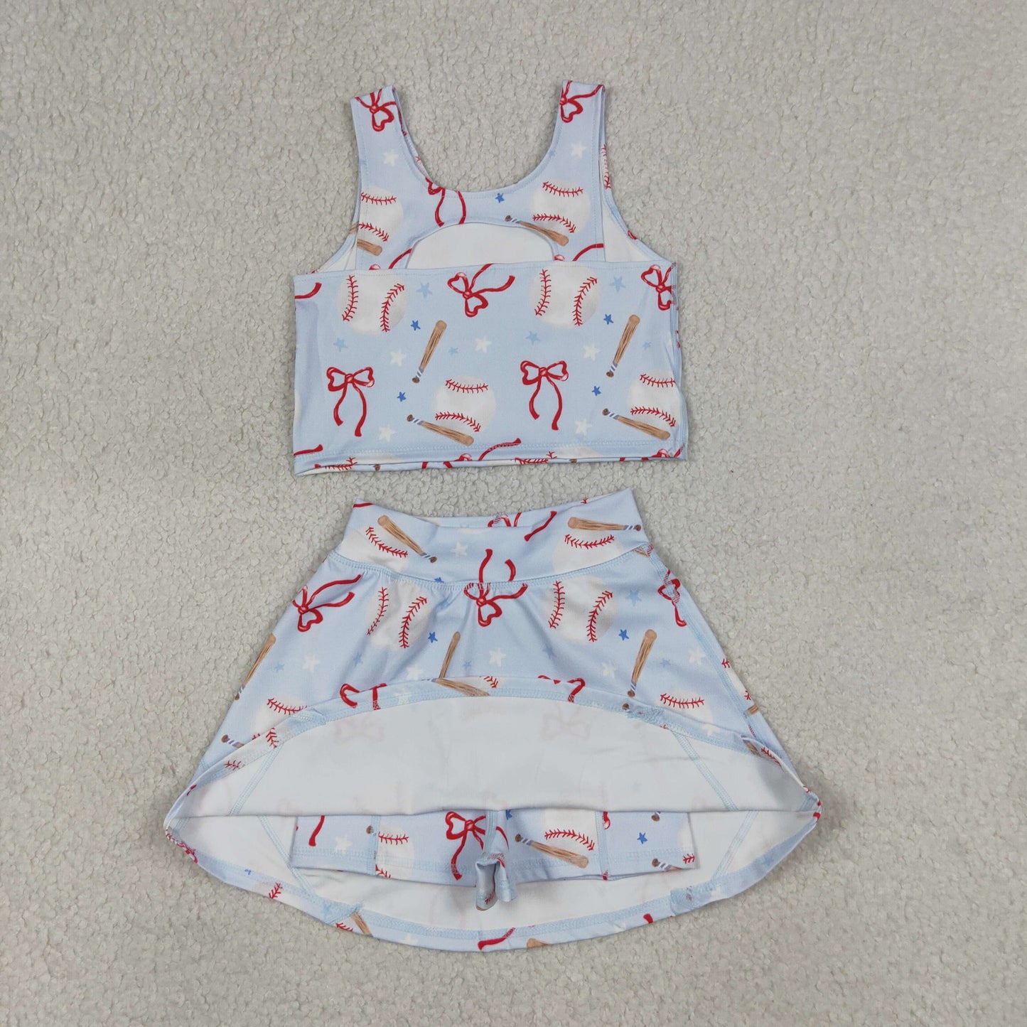 4.11 GSD3835 RTS NO MOQ （In stock ）Sleeveless baseball bow kids girls summer activewear set