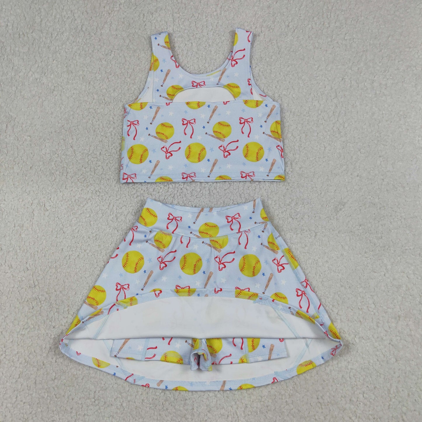 4.13 GSD3836 RTS NO MOQ （In stock）Sleeveless softball bow kids girls summer activewear set