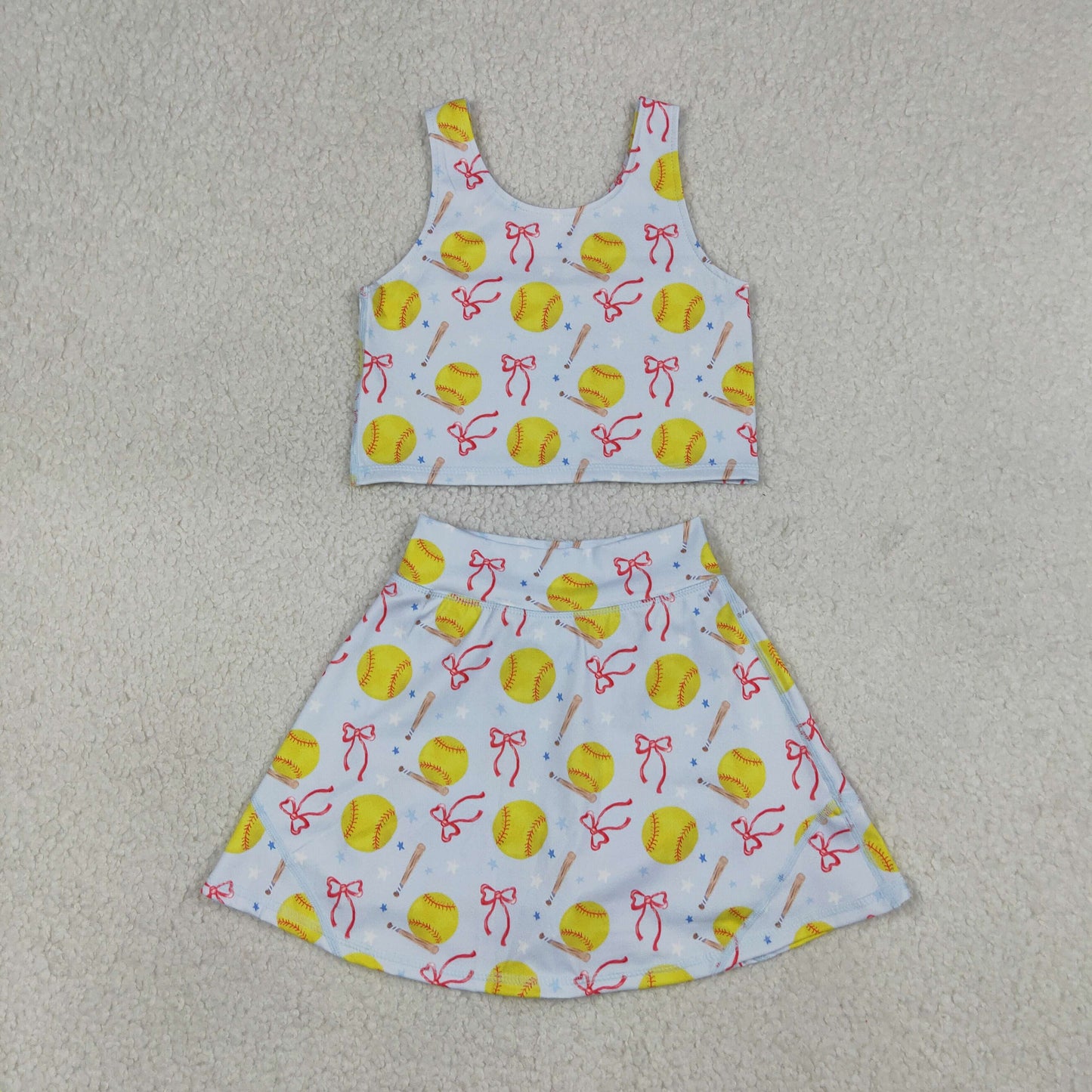 4.13 GSD3836 RTS NO MOQ （In stock）Sleeveless softball bow kids girls summer activewear set