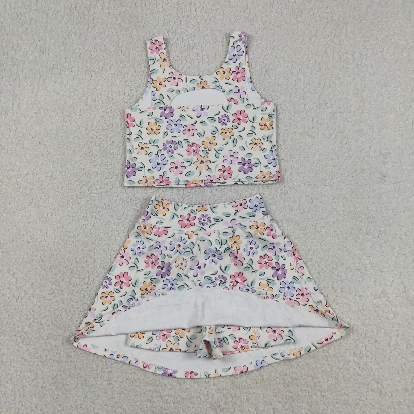 GSD3838 RTS NO MOQ （In stock ）Sleeveless floral kids girls summer activewear set