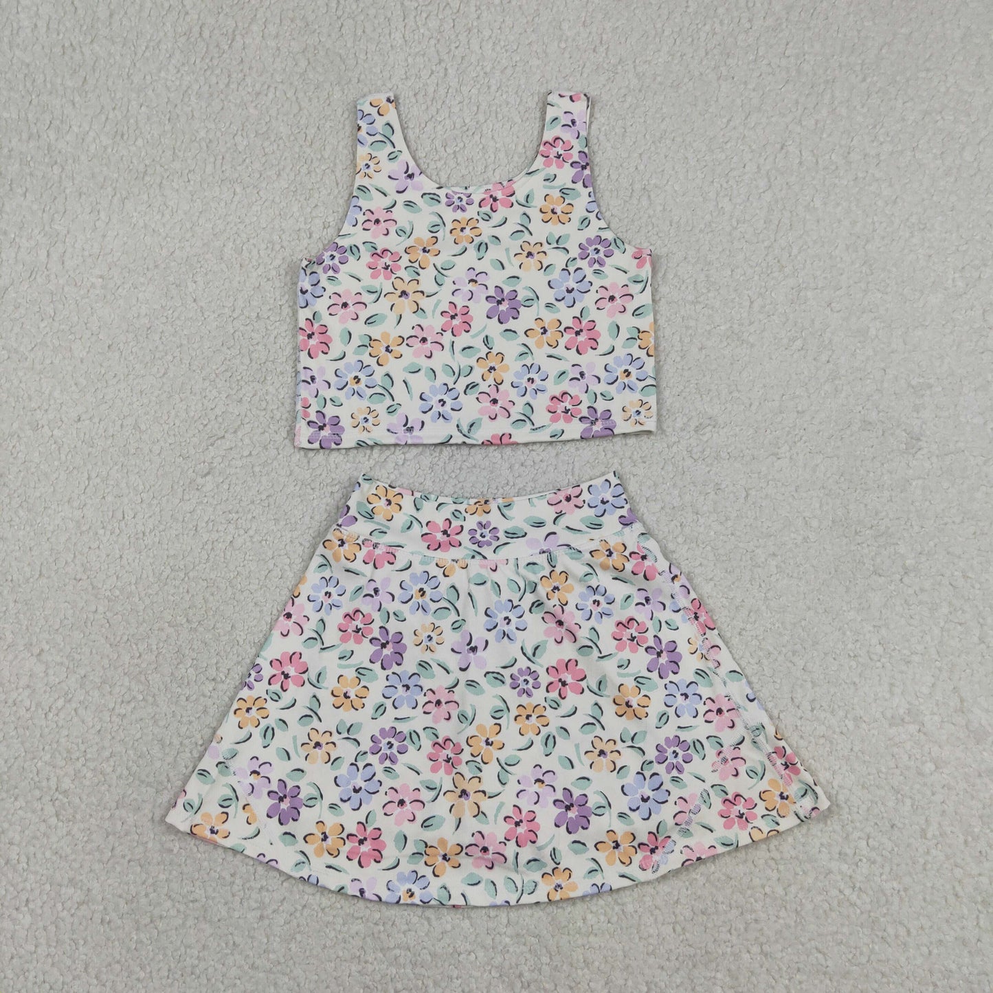 GSD3838 RTS NO MOQ （In stock ）Sleeveless floral kids girls summer activewear set