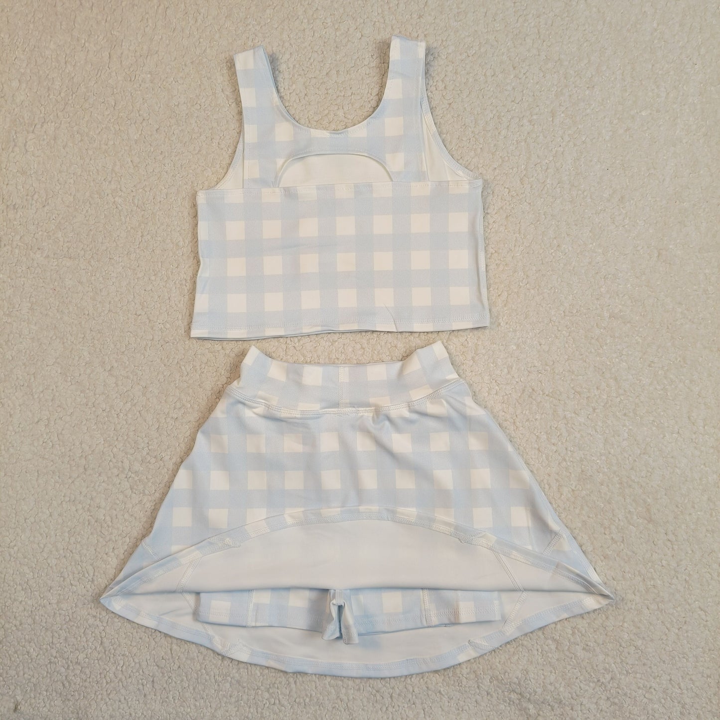 GSD3839 RTS NO MOQ （In stock ）Sleeveless sky blue plaid crop top skirt kids girls active set