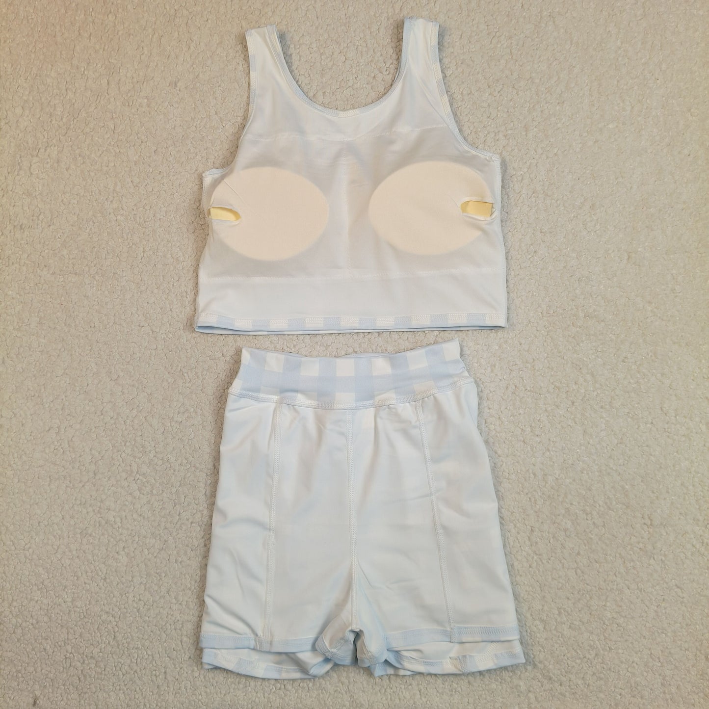 GSD3839 RTS NO MOQ （In stock ）Sleeveless sky blue plaid crop top skirt kids girls active set
