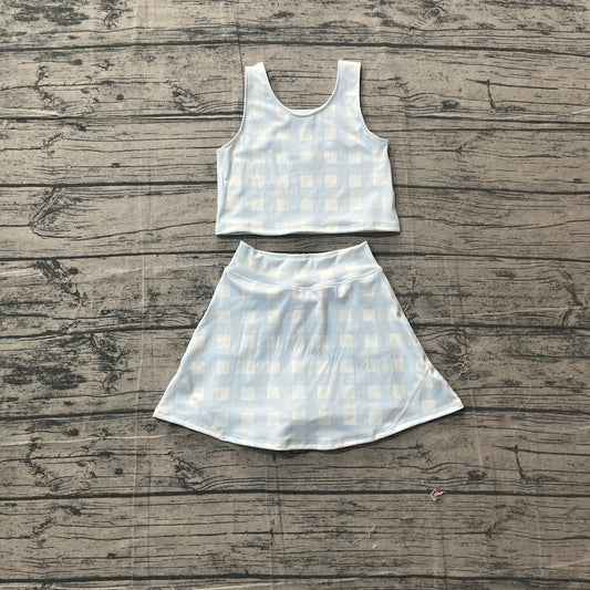 3.18 GSD3839 Sample No Moq Yoga fabric Baby Girls Summer Sleeveless Light Blue Vests Top Skirt Short Yoga Active Clothes Set