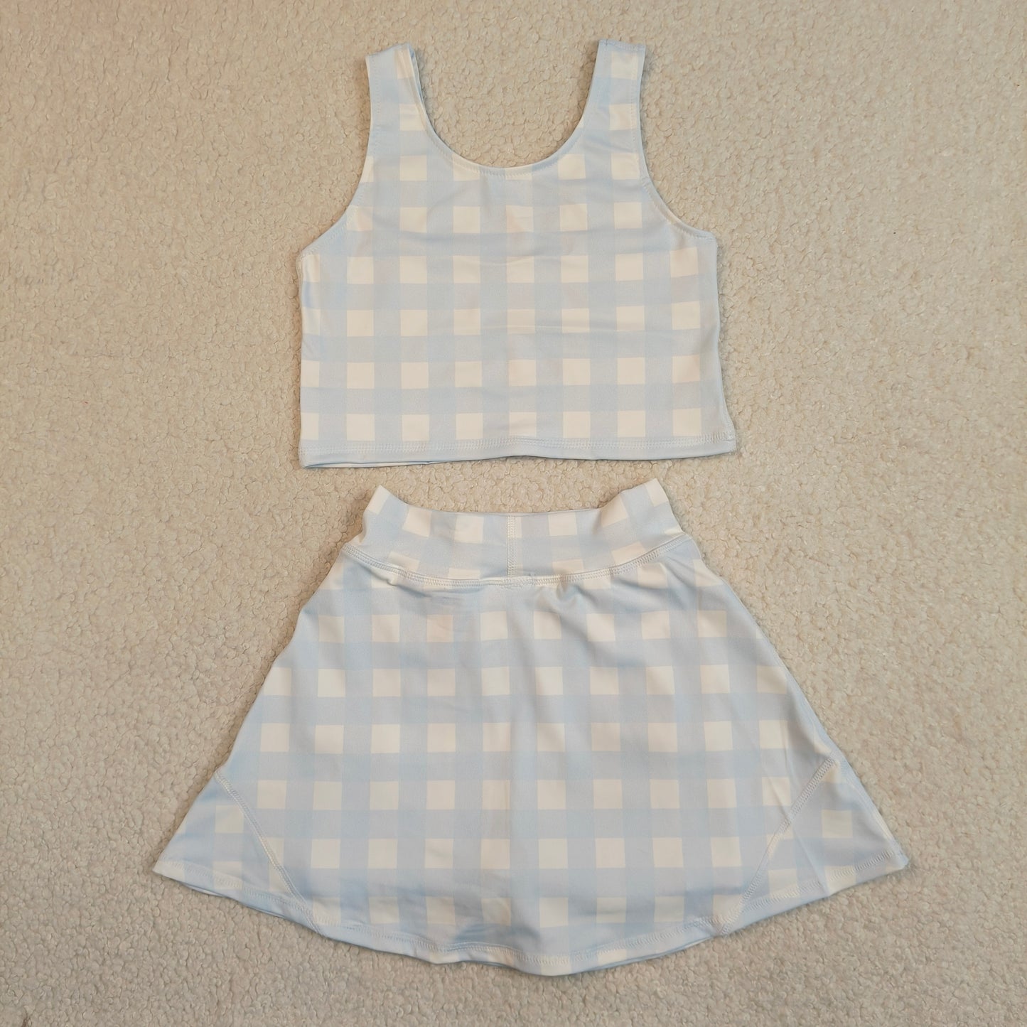 GSD3839 RTS NO MOQ （In stock ）Sleeveless sky blue plaid crop top skirt kids girls active set
