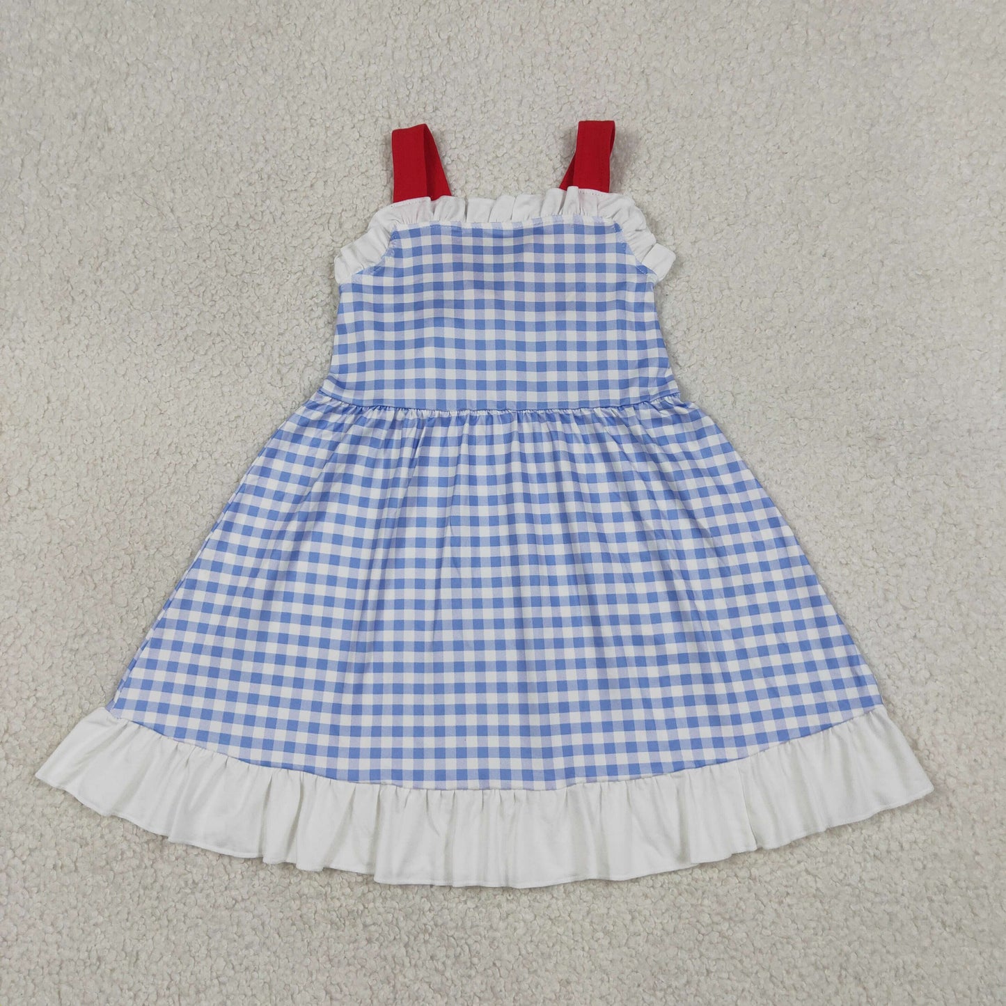 GSD3843 RTS NO MOQ （In stock）Straps white ruffle plaid kids girls summer dresses