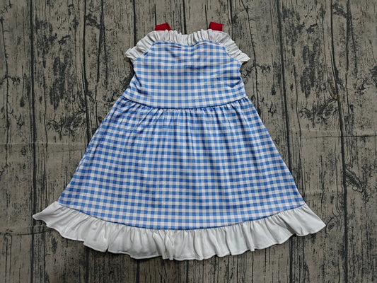 4.24 GSD3843  Sample No Moq Baby Girls Strap Blue Checked Back Bows 4th of July Knee Length Dress