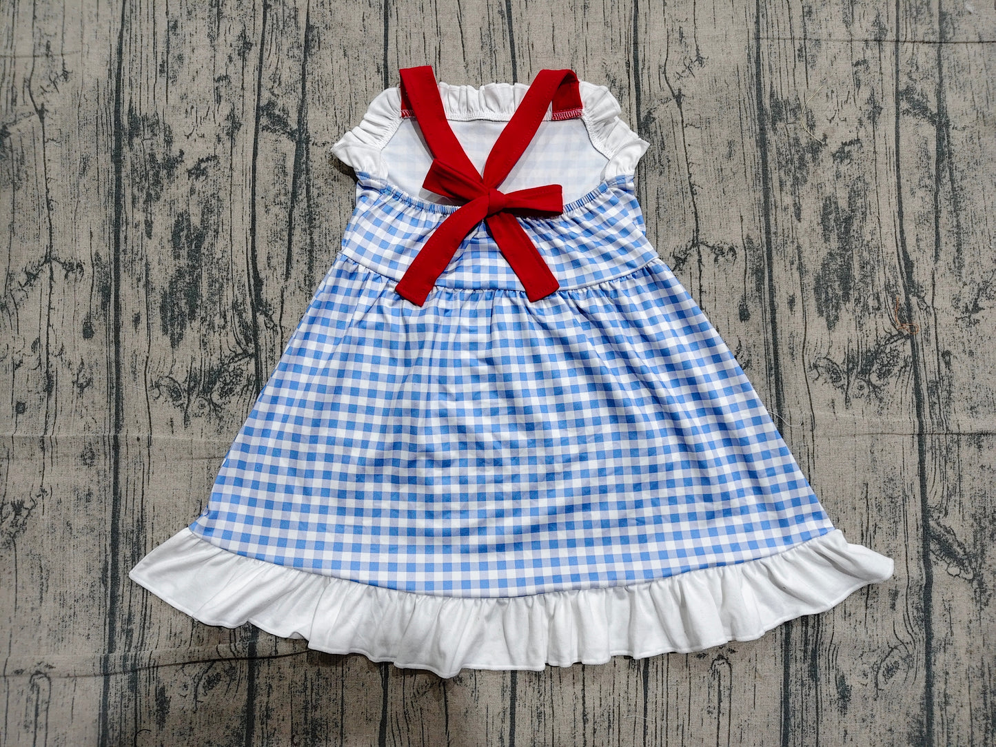 4.24 GSD3843  Sample No Moq Baby Girls Strap Blue Checked Back Bows 4th of July Knee Length Dress