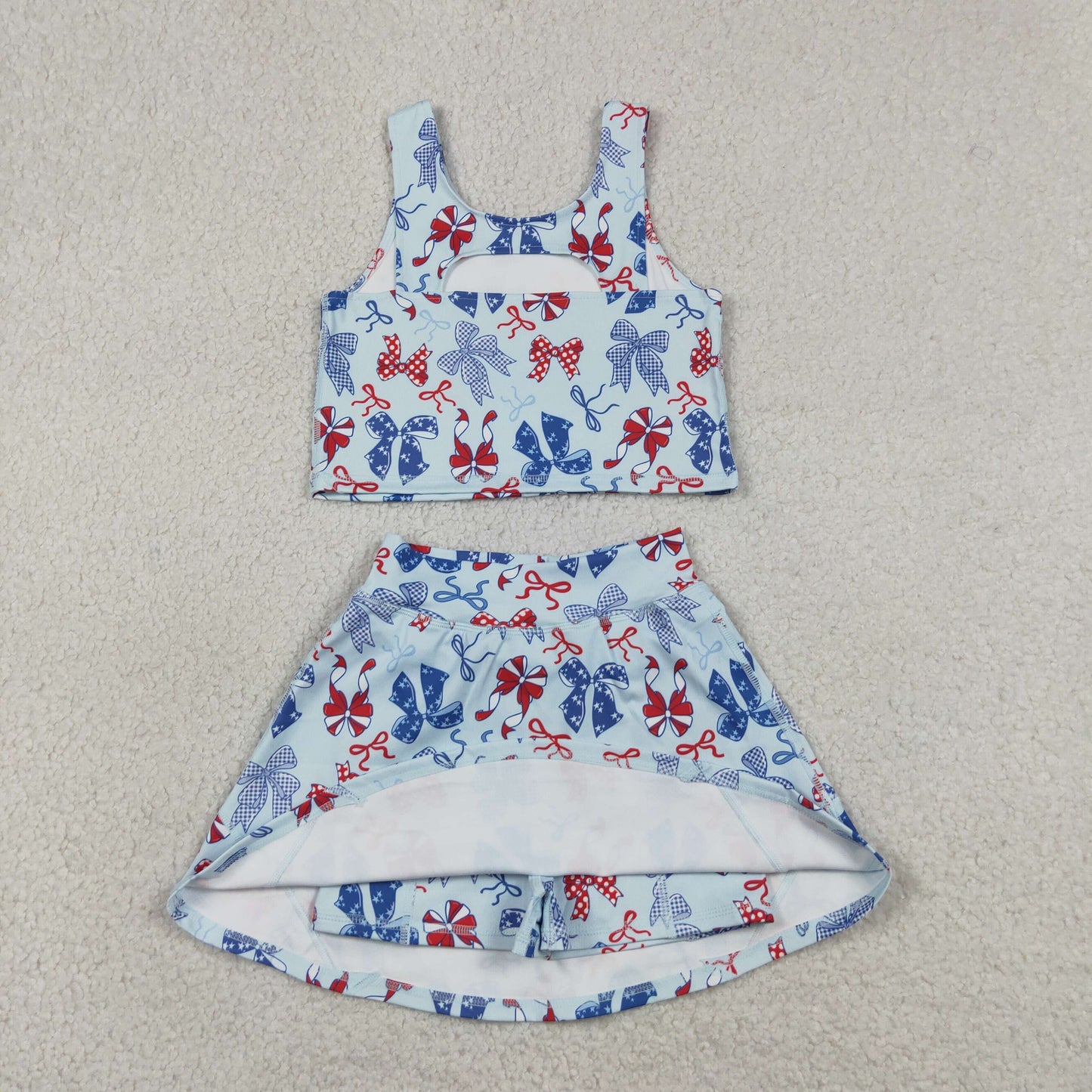 GSD3874RTS NO MOQ （In stock ） Baby Girls Red Blue Bows Vests Skirt Short Yoga Active 4th of July Clothes