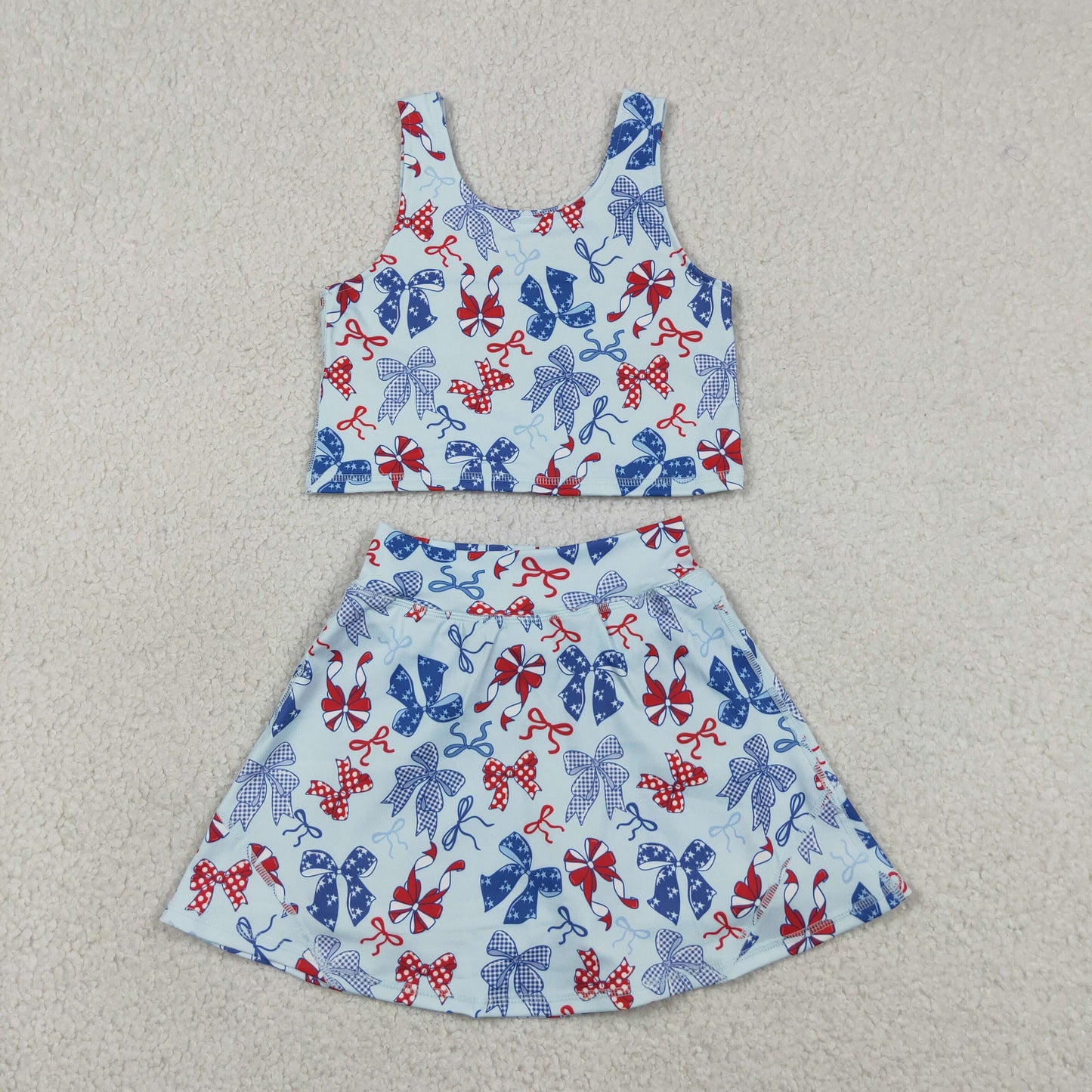 GSD3874RTS NO MOQ （In stock ） Baby Girls Red Blue Bows Vests Skirt Short Yoga Active 4th of July Clothes