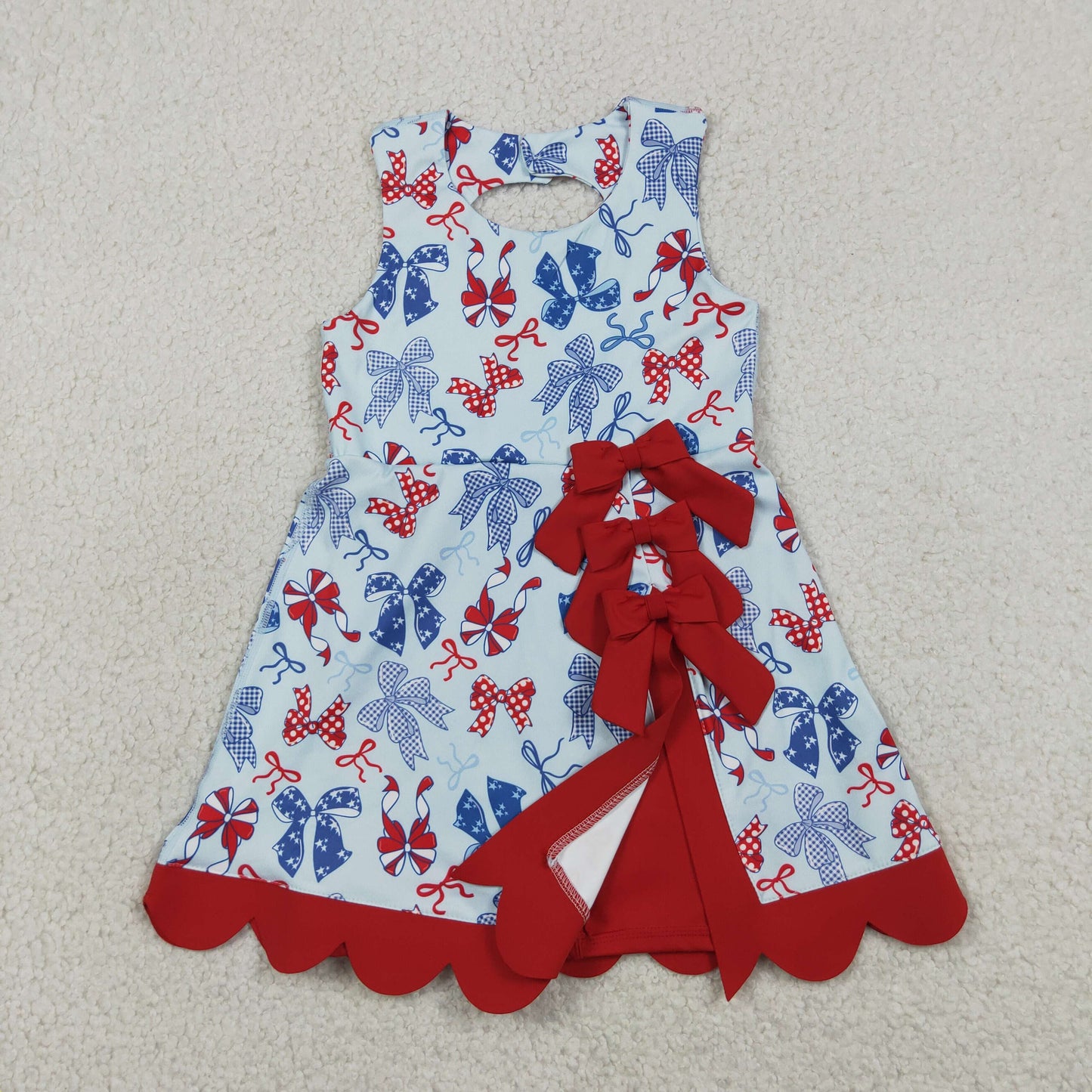GSD3875 RTS NO MOQ （In stock ）Baby Girls Red Blue Bows 4th of July Yoga Active Scallop Short Knee Length Dress Preorder