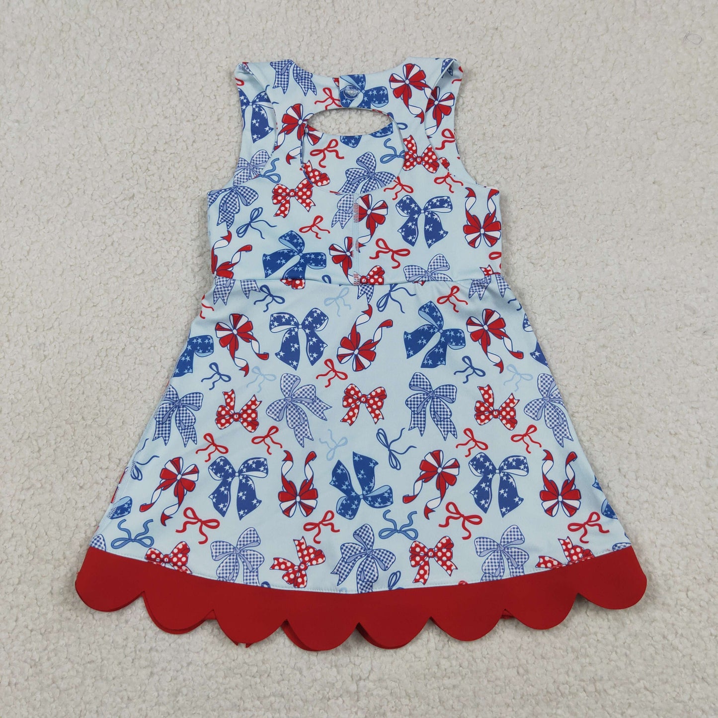 GSD3875 RTS NO MOQ （In stock ）Baby Girls Red Blue Bows 4th of July Yoga Active Scallop Short Knee Length Dress Preorder