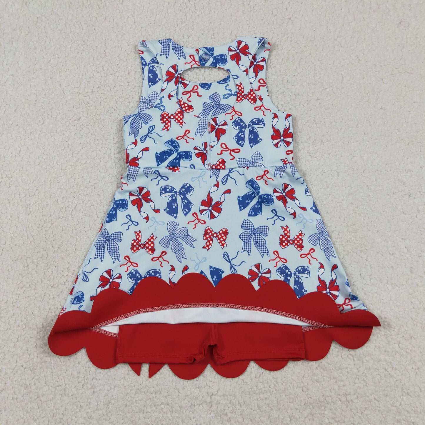 GSD3875 RTS NO MOQ （In stock ）Baby Girls Red Blue Bows 4th of July Yoga Active Scallop Short Knee Length Dress Preorder