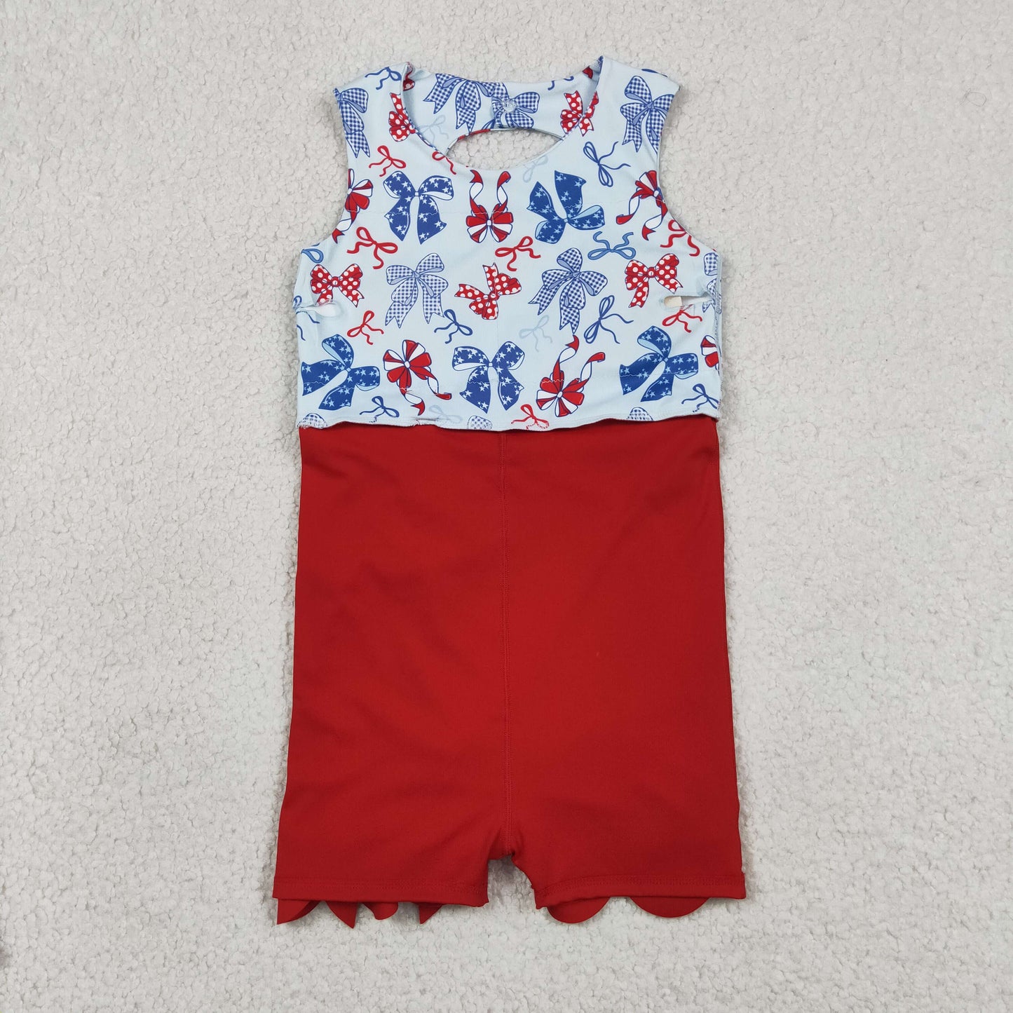 GSD3875 RTS NO MOQ （In stock ）Baby Girls Red Blue Bows 4th of July Yoga Active Scallop Short Knee Length Dress Preorder