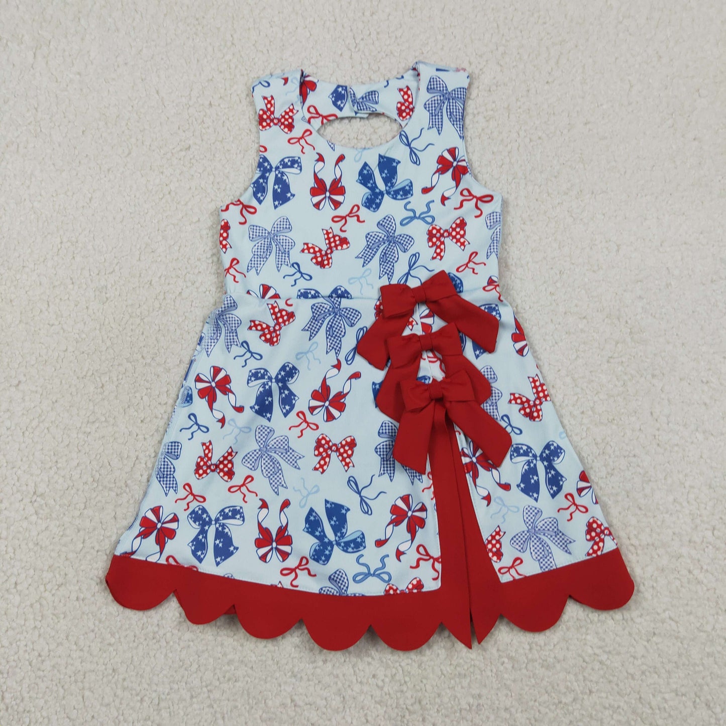 GSD3875 RTS NO MOQ （In stock ）Baby Girls Red Blue Bows 4th of July Yoga Active Scallop Short Knee Length Dress Preorder