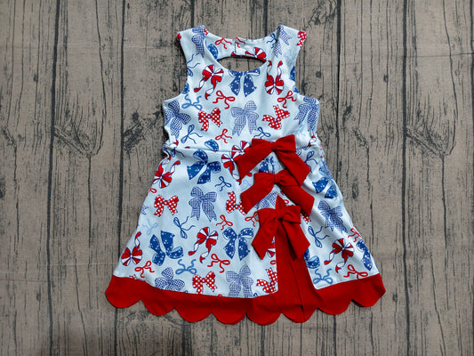 4.1 GSD3875 Sample No Moq Baby Girls Red Blue Bows 4th of July Yoga Active Scallop Short Knee Length Dress Preorder